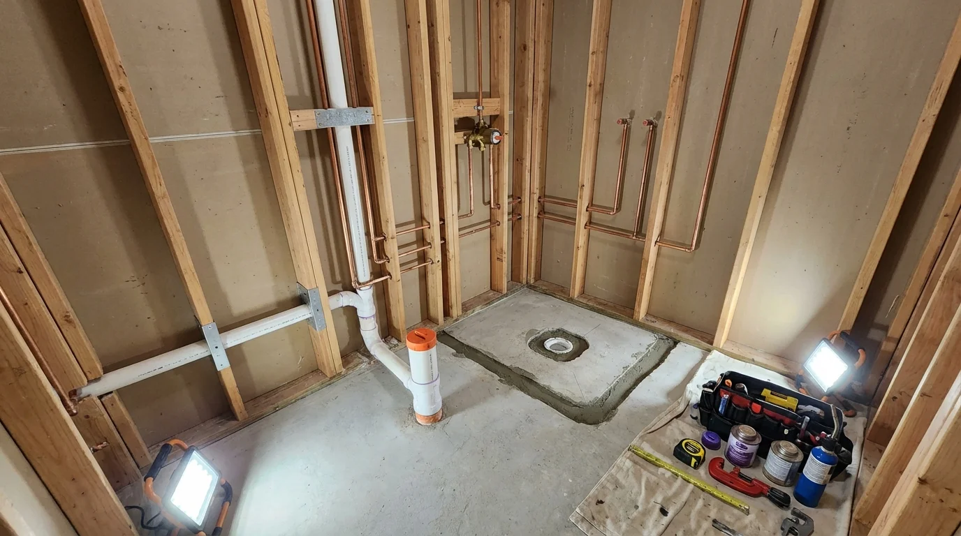 Bathroom rough-in plumbing during remodel by Johns Plumbing LLC in Port Monmouth