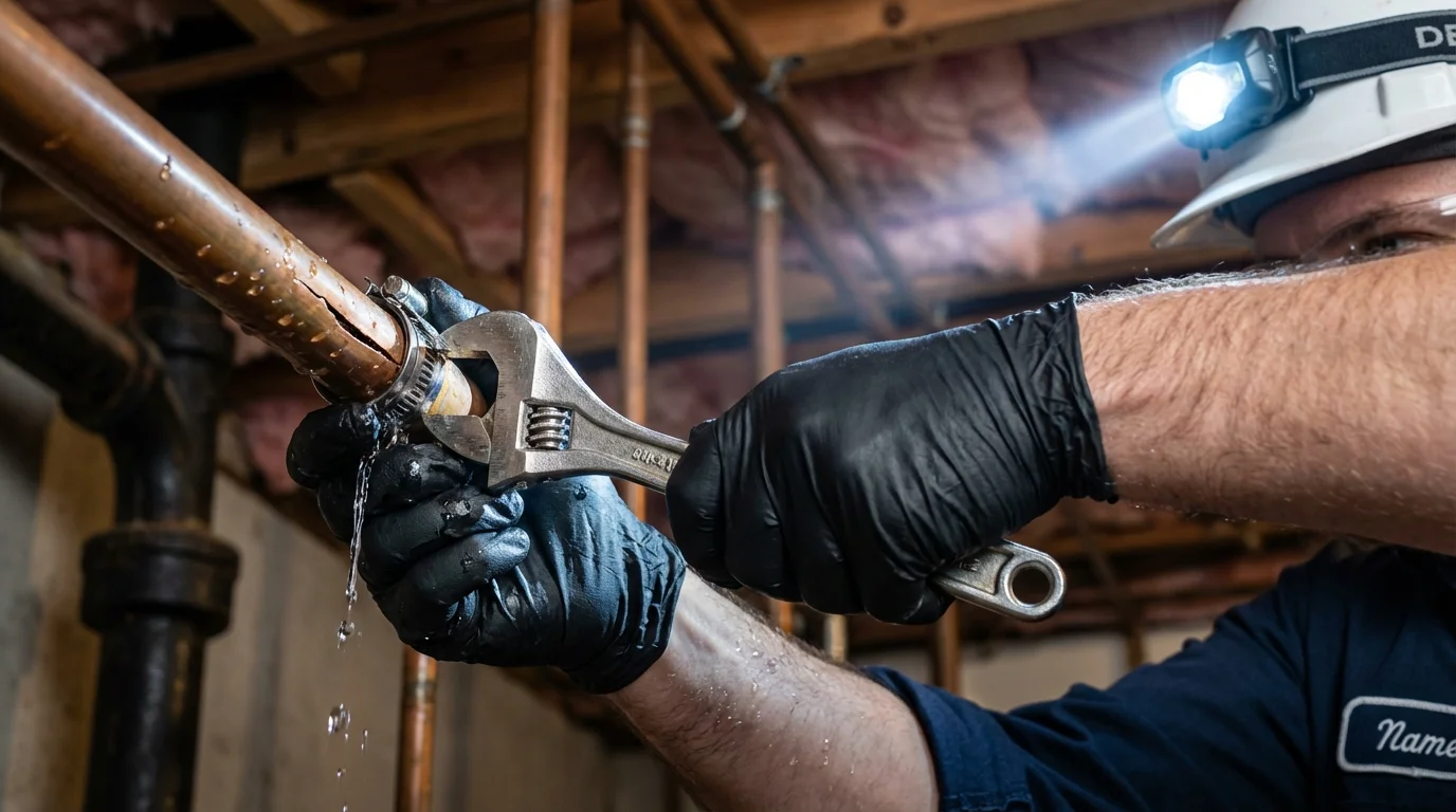 Emergency pipe clamp repair being performed by a Johns Plumbing LLC plumber in Port Monmouth
