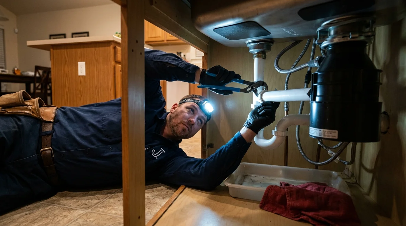 P-trap and supply line connections under a kitchen sink showing a common leak point in Port Monmouth, NJ
